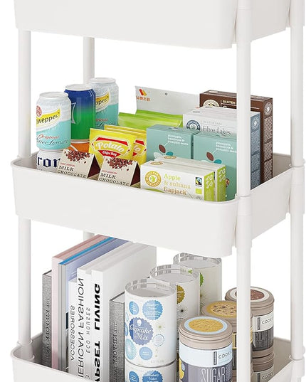 3-Tier Storage Cart,Multifunction Kitchen Storage Organizer,Mobile Shelving Unit Utility Rolling Cart with Lockable Wheels for Bathroom,Laundry,Living Room,With Classified Stickers,White - LeafyLoom
