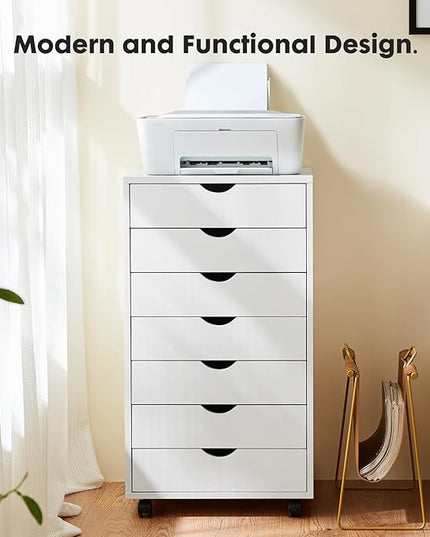 OLIXIS 7 Drawer Chest Wood File Cabinet Rolling Organization Storage Dresser with Wheels for Home Office, 15.75" D x 18.74" W x 34.25" H, White - LeafyLoom