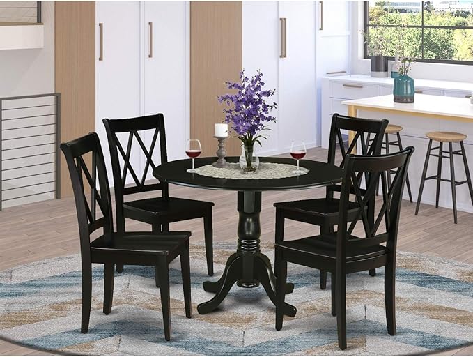 East West Furniture DLCL5-BLK-W Dublin 5 Piece Set for 4 Includes a Round Kitchen Table with Dropleaf and 4 Dining Room Chairs, 42x42 Inch - LeafyLoom