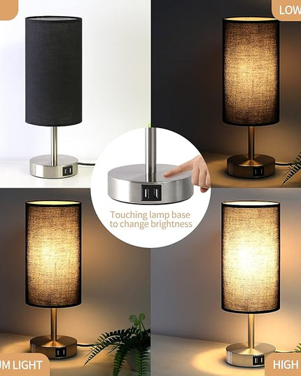 Bedside Lamp with USB Port - Touch Control Table Lamp for Bedroom Wood 3 Way Dimmable Nightstand Lamp with Round Black Shade for Living Room, Dorm, Home Office (LED Bulb Included) (Blacl2) - LeafyLoom