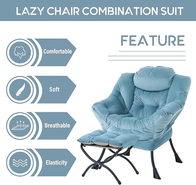 LITA Lazy Chair with Ottoman, Modern Accent Leisure Upholstered Sofa Chair, Contemporary Lounge Reading Chair with Armrests and a Side Pocket for Living Room, Bedroom & Small Space, Light Blue - LeafyLoom