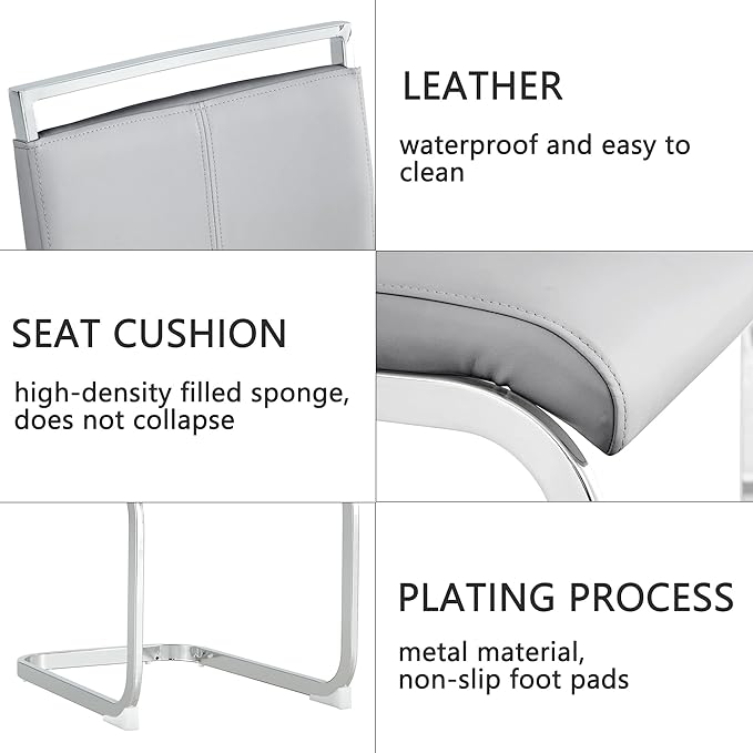 Dining Chairs Set, Kitchen Modern Metal Chairs with Faux Leather Padded Seat High Back and Sturdy Chrome Legs, Chairs for Dining Room (Light Gray, Set of 4) - LeafyLoom