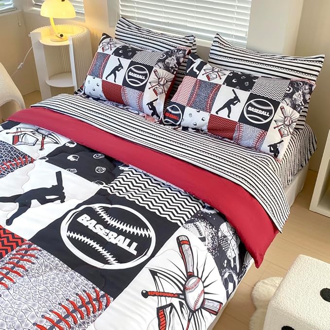7 Piece Baseball Comforter Set Bed in A Bag Twin Size 3D Softball Sports Bedding Set for Boys Kids Microfiber Comforter All Season (1 Comforter, 1 Flat Sheet, 1 Fitted Sheet, 4 Pillowcase) - LeafyLoom