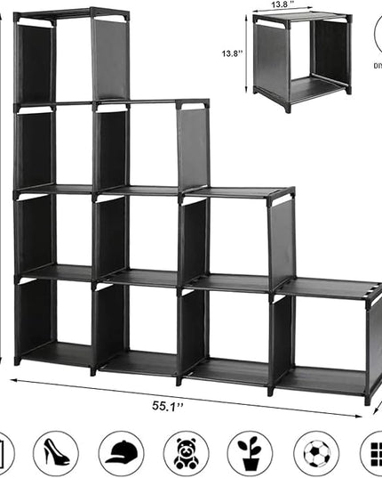 10-Cube Storage Organizer Rack, Staircase Organizer Modular Bookcase, DIY Storage Organizer Closet Shelf, Bookcase in Living Room, Bedroom for Toys and Daily Necessities, Black - LeafyLoom