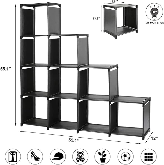10-Cube Storage Organizer Rack, Staircase Organizer Modular Bookcase, DIY Storage Organizer Closet Shelf, Bookcase in Living Room, Bedroom for Toys and Daily Necessities, Black - LeafyLoom