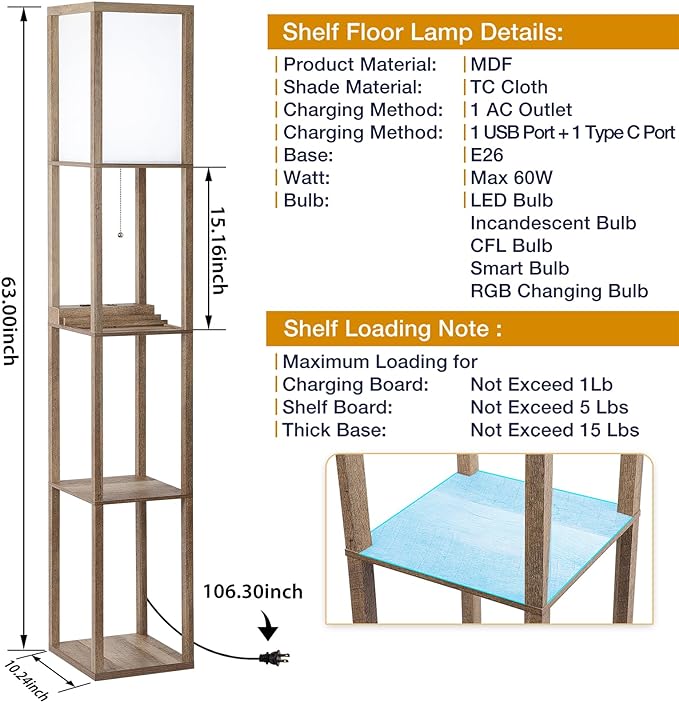 SHINE HAI LED Shelf Floor Lamp, Modern Standing Lamp with 1 USB Port and 1 Type C Port and 1 Power Outlet, 3-Tiered Display Floor Lamps with Shelves for Living Room, Bedroom and Office - Wood - LeafyLoom