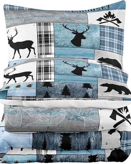 LUVIVIHOME 3PCS Rustic Cabin Comforter Set Queen Size, Farmhouse Bedding, Black Bear Deer Elk Moose Forest Animal Wildlife Hunting Country Lodge Blue Buffalo Plaid Patchwork Quilt, 2 Pillow Shams - LeafyLoom