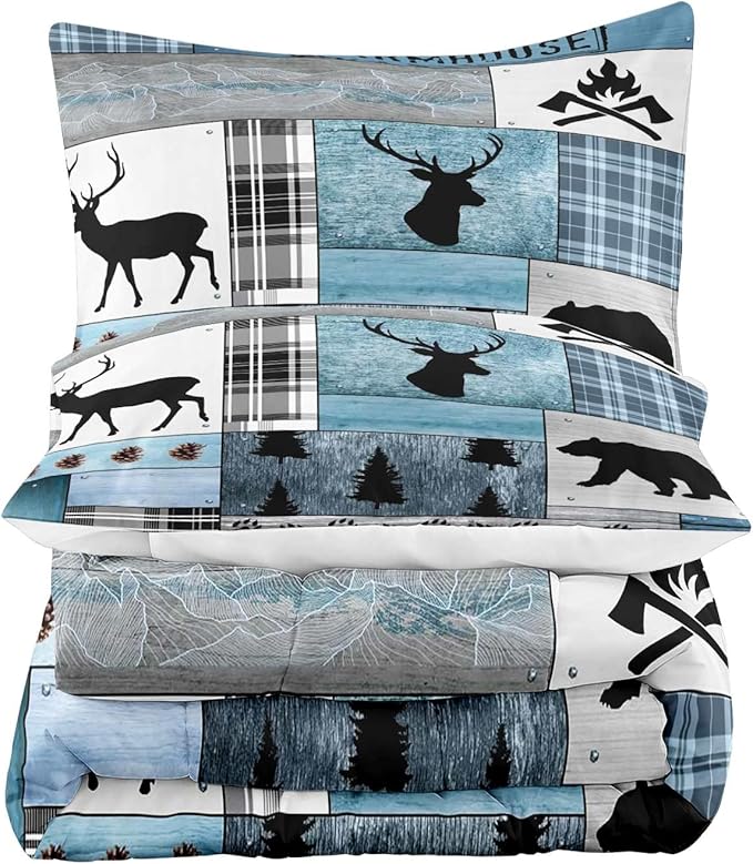 LUVIVIHOME 3PCS Rustic Cabin Comforter Set Queen Size, Farmhouse Bedding, Black Bear Deer Elk Moose Forest Animal Wildlife Hunting Country Lodge Blue Buffalo Plaid Patchwork Quilt, 2 Pillow Shams - LeafyLoom
