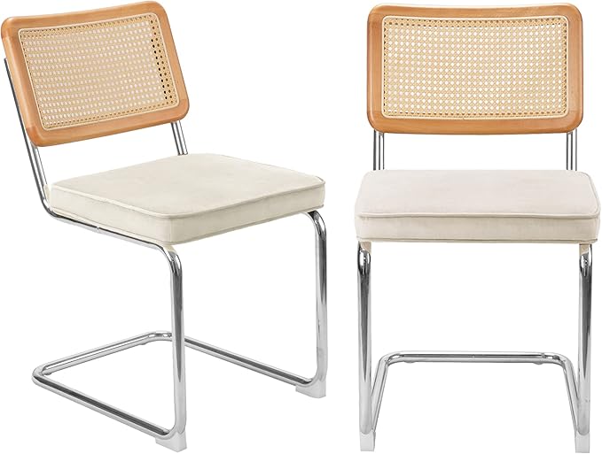 Dining Chair Set of 2, Mid-Century Modern Rattan Dining Chairs with Metal Chrome Legs, Natural Cane Backrest Upholstered for Home Kitchen，Dining Room and Patio, Cream - LeafyLoom