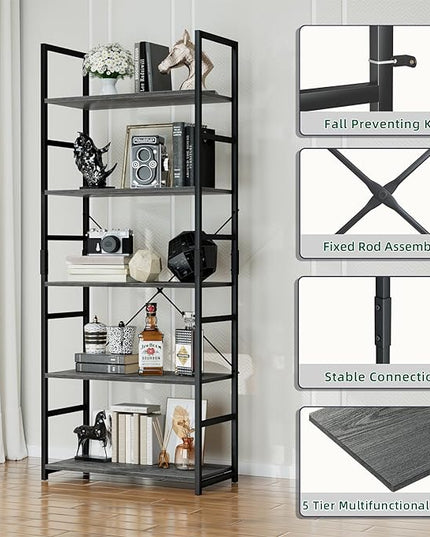OTK 5 Tier Bookshelf, Tall Bookcase, Office Shelf Storage Organizer, Modern Book Shelf for Living Room, Bedroom, and Home Office, Dark Grey - LeafyLoom