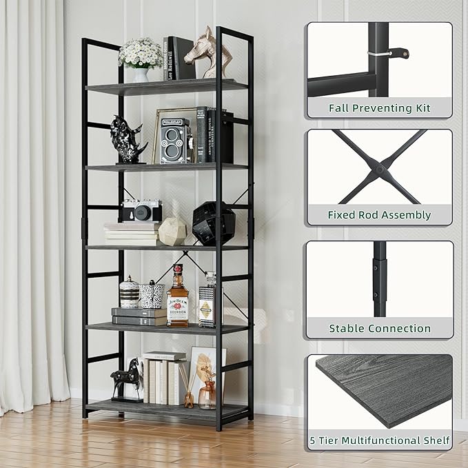 OTK 5 Tier Bookshelf, Tall Bookcase, Office Shelf Storage Organizer, Modern Book Shelf for Living Room, Bedroom, and Home Office, Dark Grey - LeafyLoom