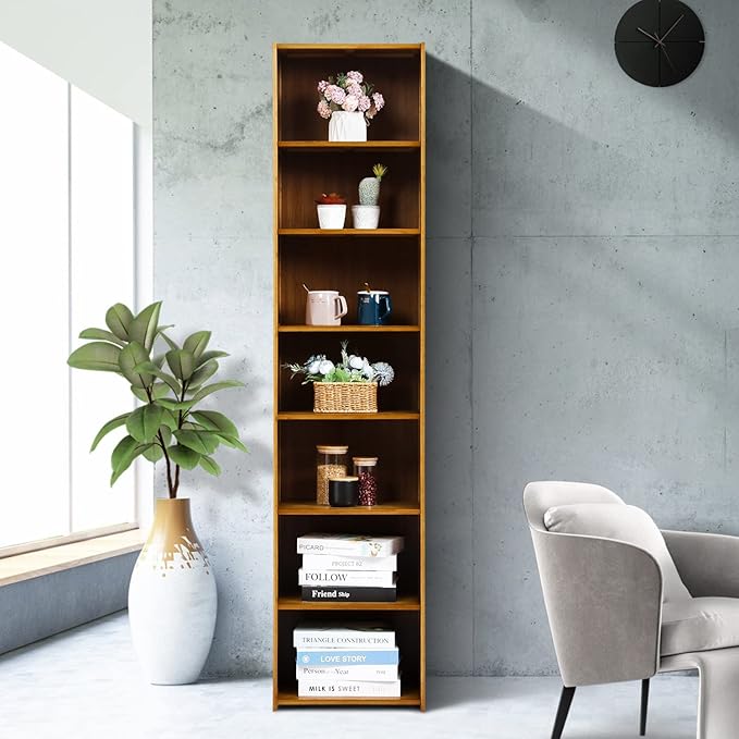MoNiBloom Bamboo 7 Tier Free Standing Tall Bookcase Narrow Display Storage Shelves Collection Décor Furniture for Home Living Room Study Room, Brown - LeafyLoom