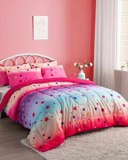 Full Comforter Set for Girls Rainbow Bedding Set 3 Pieces with Multicolor Stars Pink Comforter Set Full Size with Pillowcase for Kids, Teenagers - LeafyLoom