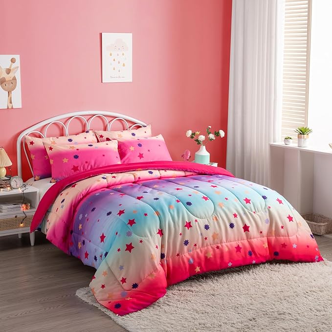 Full Comforter Set for Girls Rainbow Bedding Set 3 Pieces with Multicolor Stars Pink Comforter Set Full Size with Pillowcase for Kids, Teenagers - LeafyLoom
