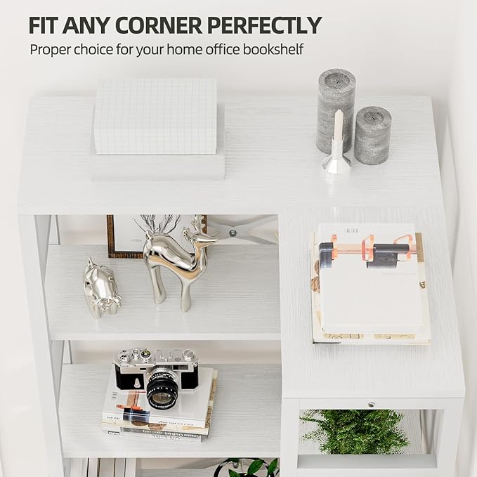 NUMENN 5 Tier Corner Bookshelf, Modern Corner Bookcase, Large Open Shelf Bookcase, Tall Bookshelves Storage Display Rack for Bedroom, Living Room and Home Office, White - LeafyLoom