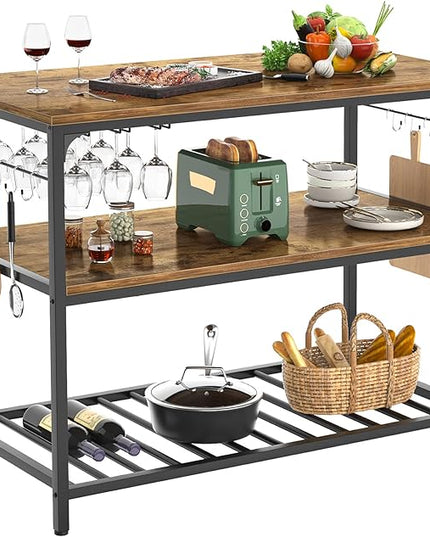 Homieasy Kitchen Island with Wine Glass Holder, Industrial Wood and Metal Coffee Bar Rack, 3 Tier Spacious Prep Table Extended Counter with Hooks Easy to Assemble, Rustic Brown - LeafyLoom