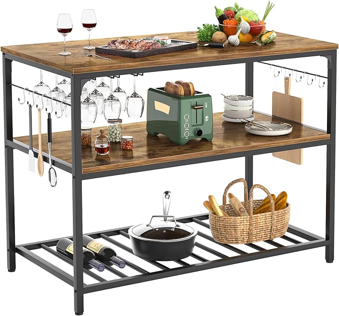 Homieasy Kitchen Island with Wine Glass Holder, Industrial Wood and Metal Coffee Bar Rack, 3 Tier Spacious Prep Table Extended Counter with Hooks Easy to Assemble, Rustic Brown - LeafyLoom