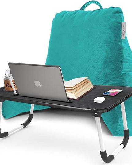 Clara Clark Reading Pillow with Portable Lap Desk for laptop Set, Back Pillow for Sitting Up in Bed, Memory Foam Back Support Pillow, Bed Rest Pillow with Foldable Laptop Desk, Standard - Teal - LeafyLoom