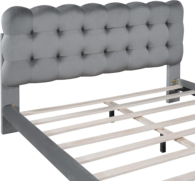 Queen Size Velvet Platform Bed with LED Lights and Remote Control,Bedroom Wooden Bed Frame w/Thick & Soft Fabric,Button-tufted Design Headboard,for Girls Boys Kids Teens Adults,Gray - LeafyLoom