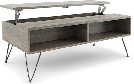 SIMPLIHOME Hunter SOLID MANGO WOOD and Metal 48 Inch Wide Rectangle Industrial Lift Top Coffee Table in Grey, For the Living Room and Family Room - LeafyLoom