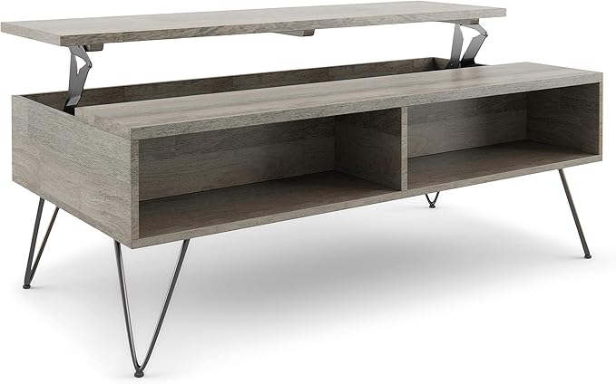 SIMPLIHOME Hunter SOLID MANGO WOOD and Metal 48 Inch Wide Rectangle Industrial Lift Top Coffee Table in Grey, For the Living Room and Family Room - LeafyLoom