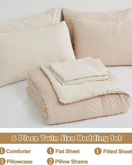 Twin Size Tufted Kids Comforter Set 6 Piece Beige Jacquard Tufts Embroidery Bedding Set for Boys Girls Bed in A Bag Quilt with 1 Comforter, 1 Flat Sheet, 1 Fitted Sheet, 1 Pillowcase and 2 Pillow Sham - LeafyLoom