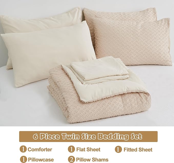 Twin Size Tufted Kids Comforter Set 6 Piece Beige Jacquard Tufts Embroidery Bedding Set for Boys Girls Bed in A Bag Quilt with 1 Comforter, 1 Flat Sheet, 1 Fitted Sheet, 1 Pillowcase and 2 Pillow Sham - LeafyLoom