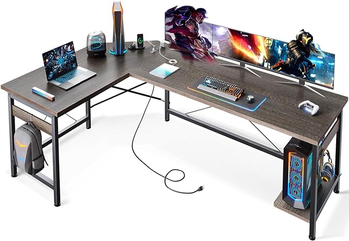 Coleshome 66" L Shaped Gaming Desk with Outlet, L Shaped Desk with CPU Stand, Corner Computer Desk, Home Office Desk, Writing Desk, Grey Oak - LeafyLoom