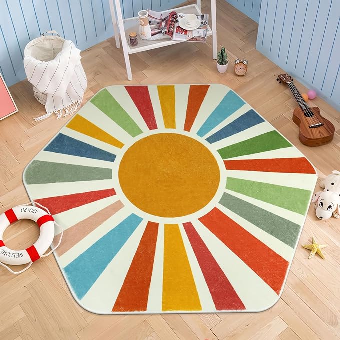 Rainbow Machine Washable Rug for Playroom Kids Room, 4'x 4'7" Boho Sun Kids Rug for Girls Boys, Non-Slip Sunshine Carpet Small Play Rug for Classroom Reading Corner Dorm - LeafyLoom
