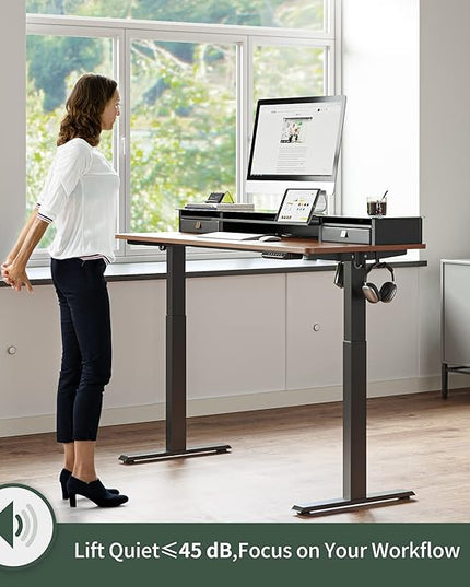 FEZIBO 55 x 24 Inch Height Adjustable Glass Electric Standing Desk with Double Drawer, Stand Up Desk with Storage Shelf, Sit Stand Desk, Black Walnut - LeafyLoom