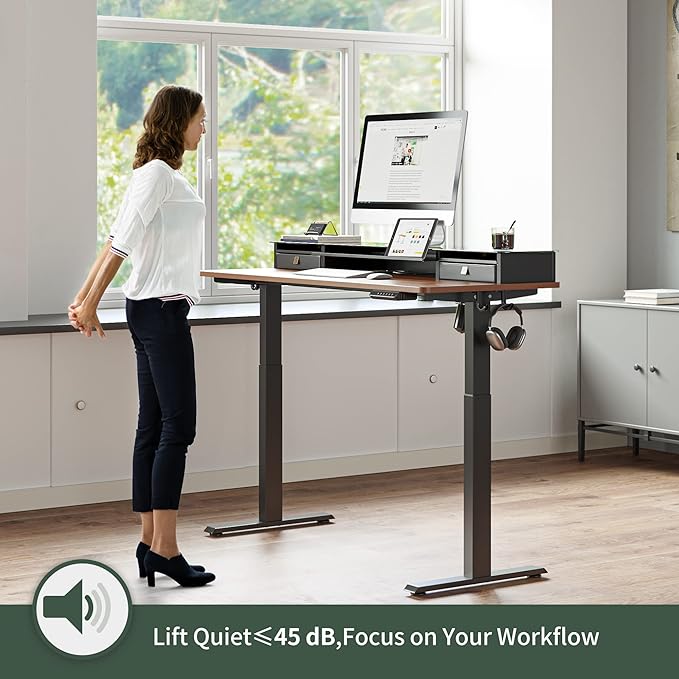 FEZIBO 55 x 24 Inch Height Adjustable Glass Electric Standing Desk with Double Drawer, Stand Up Desk with Storage Shelf, Sit Stand Desk, Black Walnut - LeafyLoom