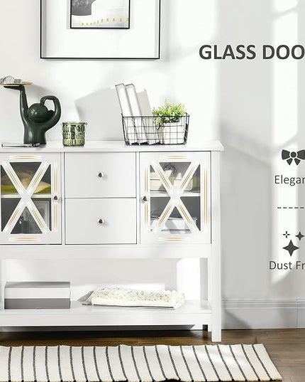 HOMCOM Coffee Bar Cabinet, Sideboard Buffet Cabinet, Kitchen Cabinet with Storage Drawers and Glass Door for Living Room, Entryway, White - LeafyLoom