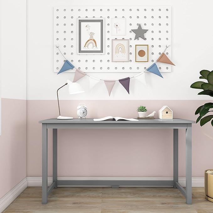 Max & Lily Solid Wood Desk, 55 Inches, Grey - LeafyLoom