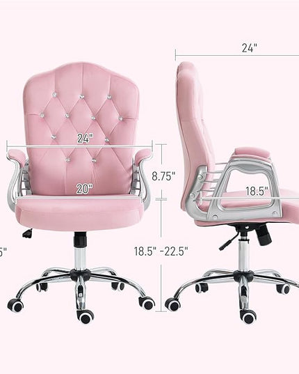 Vinsetto Home Office Chair, Velvet Computer Chair, Button Tufted Desk Chair with Swivel Wheels, Adjustable Height, and Tilt Function, Pink - LeafyLoom