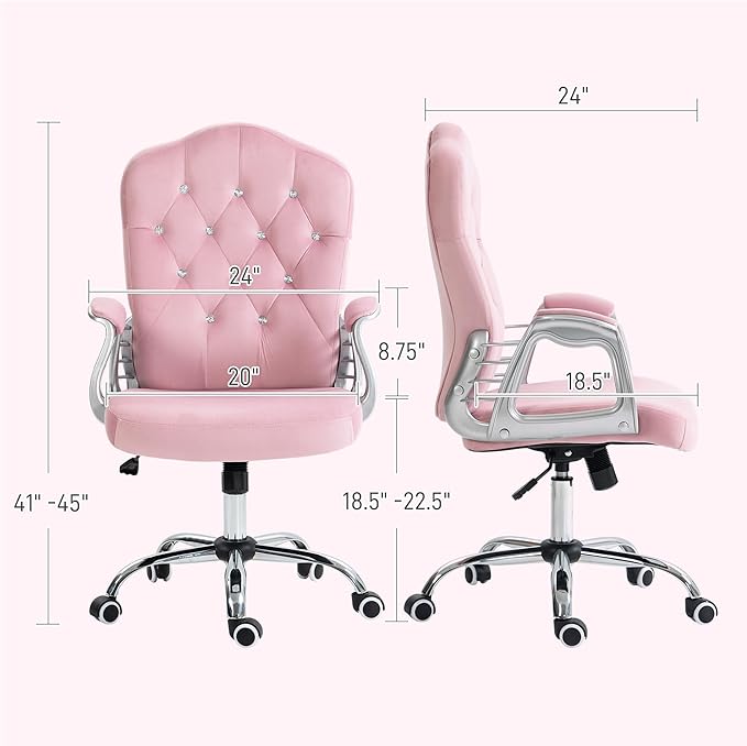 Vinsetto Home Office Chair, Velvet Computer Chair, Button Tufted Desk Chair with Swivel Wheels, Adjustable Height, and Tilt Function, Pink - LeafyLoom