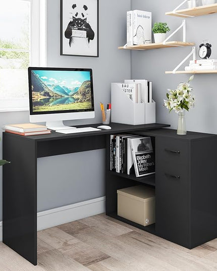 L-Shaped Rotating Computer Desk with Storage Shelves 68 inch Home Office Desk Corner with Drawers and File Cabinet Multipurpose Study Writing Table for Bedroom Small Space Black - LeafyLoom