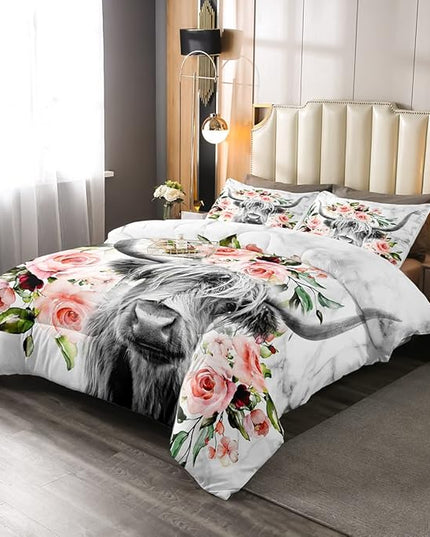 Erosebridal Highland Cow Flower Comforter Set Full Size Bull Cattle Western Funny Animal Bedding Set Wildlife Farmhouse Cow Quilt Set Rose Grey Marble - LeafyLoom
