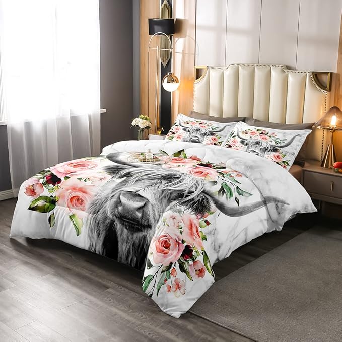 Erosebridal Highland Cow Flower Comforter Set Full Size Bull Cattle Western Funny Animal Bedding Set Wildlife Farmhouse Cow Quilt Set Rose Grey Marble - LeafyLoom