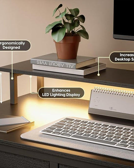 Computer Desk with Drawers and Storage Shelves, Home Office Desk with LED Lights & Power Outlets, Gaming Desk with Monitor Stand, Writing Study Desk, Kids Small Desk for Bedroom, Black - LeafyLoom