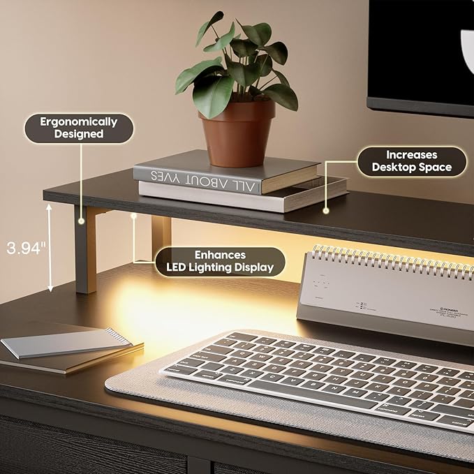 Computer Desk with Drawers and Storage Shelves, Home Office Desk with LED Lights & Power Outlets, Gaming Desk with Monitor Stand, Writing Study Desk, Kids Small Desk for Bedroom, Black - LeafyLoom