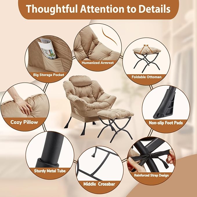 Lazy Chair with Folding Ottoman, Accent Chair Velvet Upholstered with Metal Structure and Non-Slip Pads, Sofa Armchair with Footrest and Side Storage Bag for Dorm, Room, Office, Khaki - LeafyLoom