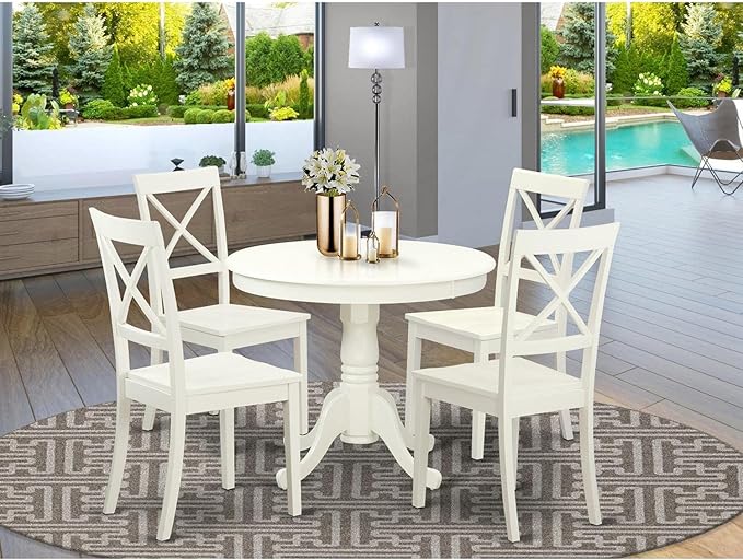 East West Furniture ANBO5-LWH-W Antique 5 Piece Dinette Set for 4 Includes a Round Kitchen Table with Pedestal and 4 Dining Chairs, 36x36 Inch - LeafyLoom