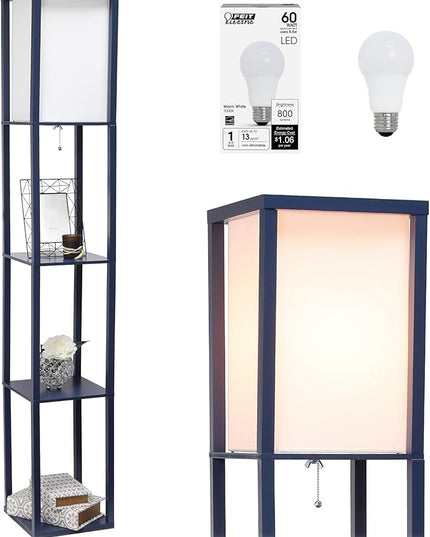 Simple Designs LF1014-NAV-LB Three Shelf Etagere Organizer Storage Floor Lamp with White Linen Shade for Living Room, Bedroom, Office, Hallway, Navy Blue, with Feit LED Bulb Included - LeafyLoom