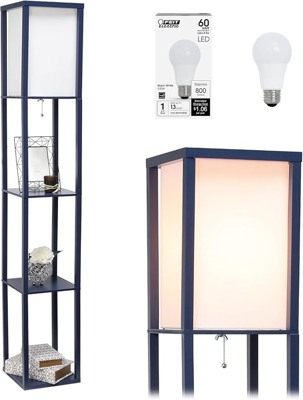 Simple Designs LF1014-NAV-LB Three Shelf Etagere Organizer Storage Floor Lamp with White Linen Shade for Living Room, Bedroom, Office, Hallway, Navy Blue, with Feit LED Bulb Included - LeafyLoom