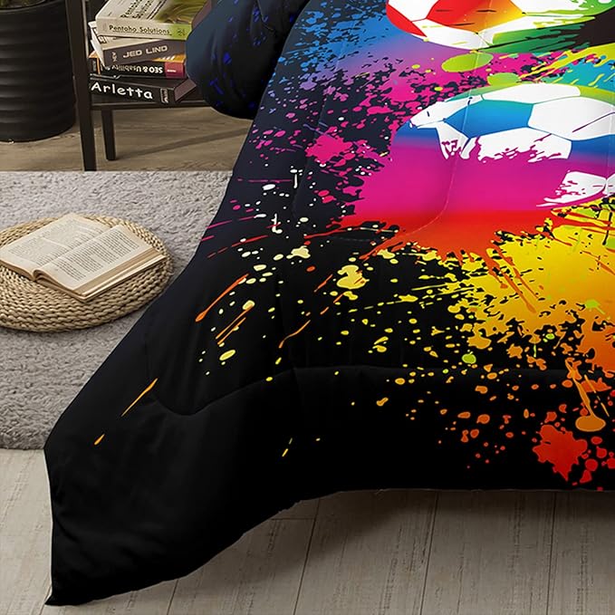 Bodhi Soccer Comforter Set Full,Boys Sports Comforter Set Full,Rainbow Graffiti Football Bedding Set for Boys,Kids,Teens with Matching Pillowcases,Boys Teen Comforter Set Full - LeafyLoom