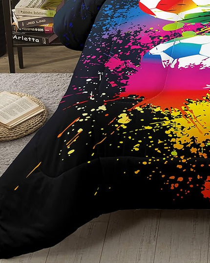 Bodhi Boys Teen Comforter Set Queen,Soccer Comforter Set Queen,Boys Sports Comforter Set Queen,Rainbow Graffiti Football Bedding Set for Boys,Kids,Teens with Matching Pillowcases - LeafyLoom