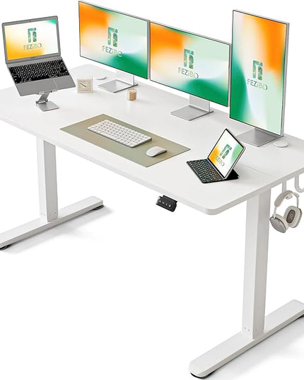 FEZIBO Electric Standing Desk, 60 x 24 Inches Height Adjustable Stand up Desk, Sit Stand Home Office Desk, Computer Desk, White - LeafyLoom
