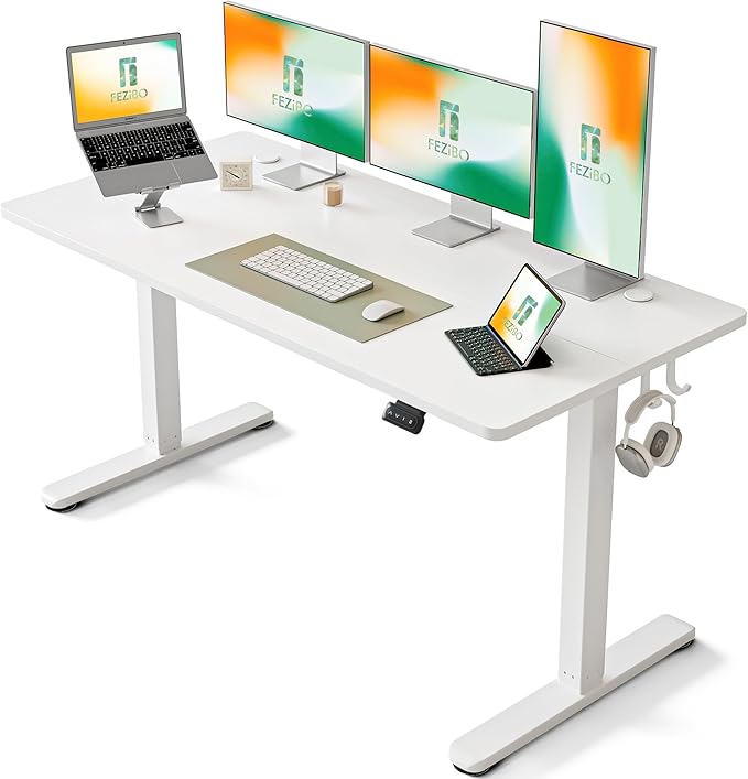FEZIBO Electric Standing Desk, 60 x 24 Inches Height Adjustable Stand up Desk, Sit Stand Home Office Desk, Computer Desk, White - LeafyLoom