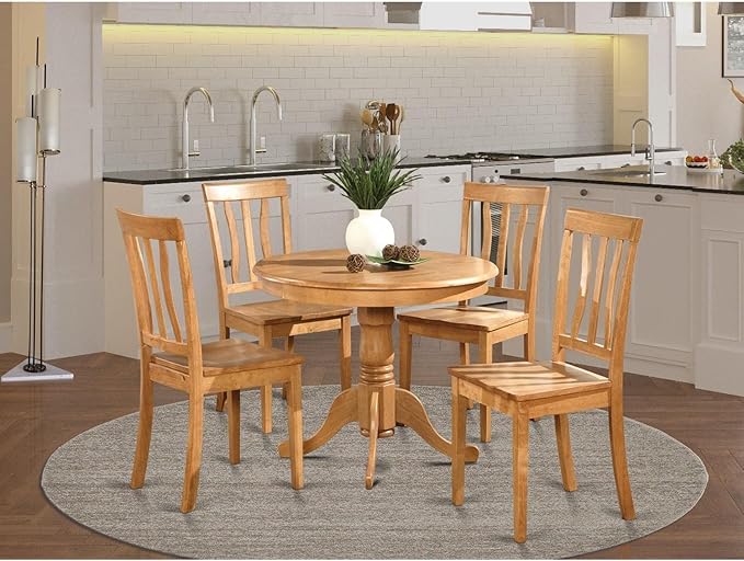 East West Furniture Antique 5 Piece Room Set Includes a Round Wooden Table with Pedestal and 4 Kitchen Dining Chairs, 36x36 Inch, ANTI5-OAK-W - LeafyLoom