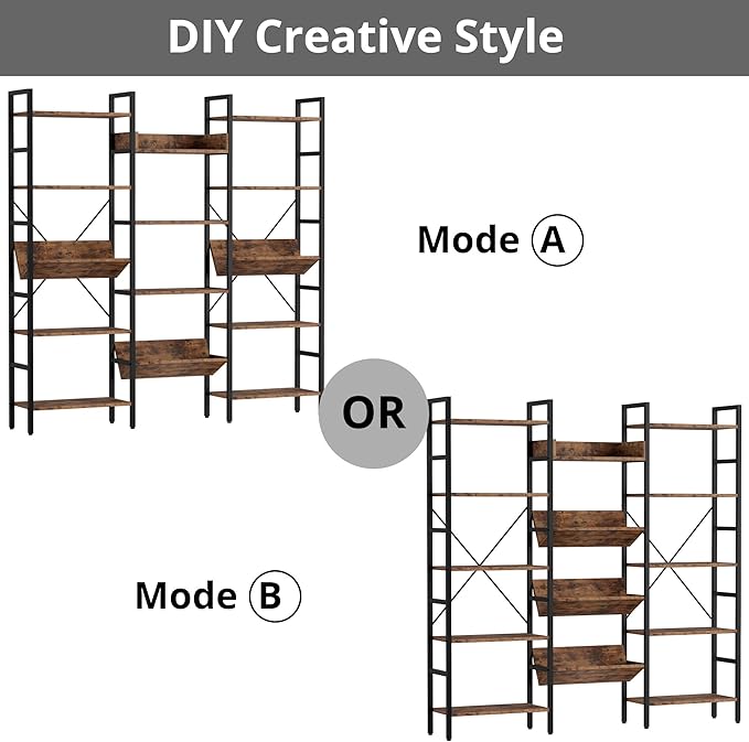 IRONCK Bookcases and Bookshelves Triple Wide 5 Tiers Industrial Bookshelf, Large Etagere Bookshelf Open Record Player Shelves with Metal Frame for Living Room Home Office - LeafyLoom